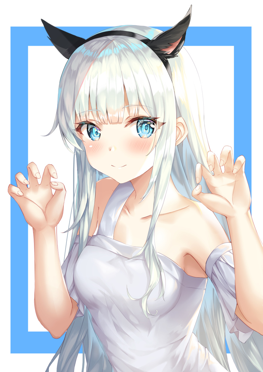 1girl absurdres animal_ears bangs bare_shoulders blue_background blush breasts cat_ears collarbone commentary_request detached_sleeves dress eyebrows_visible_through_hair fake_animal_ears grey_hair highres kokose large_breasts long_hair looking_at_viewer original paw_pose short_sleeves silver_hair single_strap smile solo two-tone_background white_background white_dress