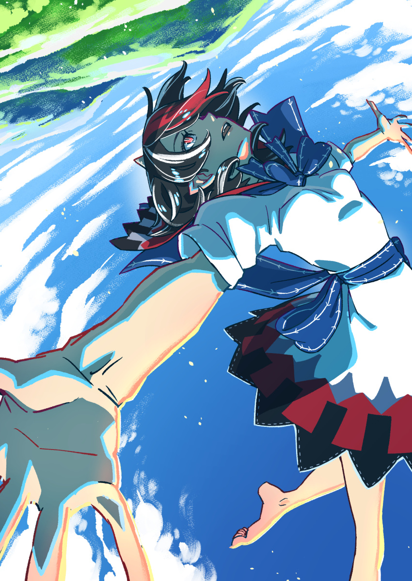 1girl barefoot black_hair blue_bow bow clouds commentary_request dress full_body highres horns kawayabug kijin_seija midair multicolored_hair outstretched_arms pointy_ears red_eyes redhead short_hair short_sleeves slit_pupils solo spread_arms streaked_hair touhou upside-down white_dress