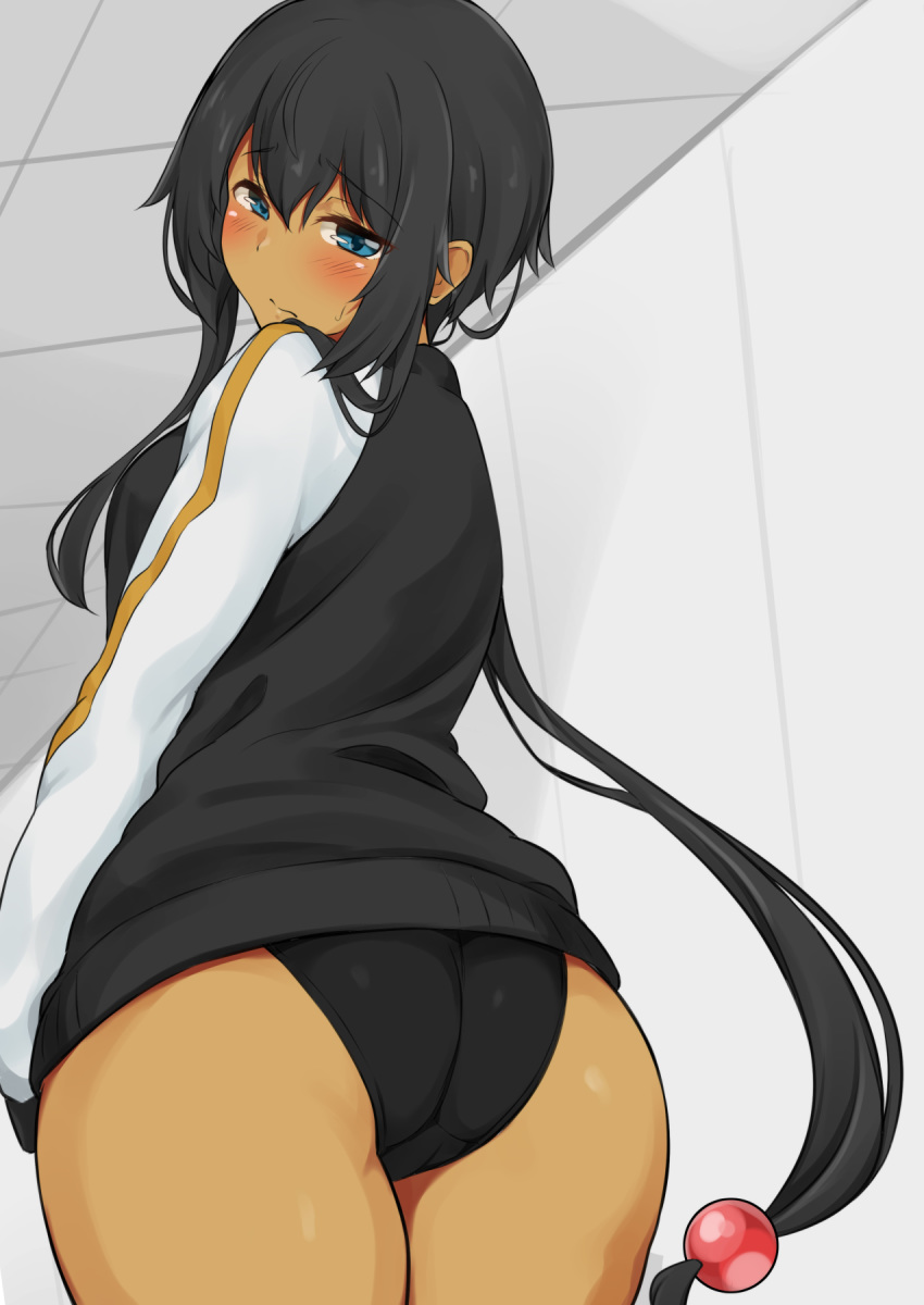 1girl ass bangs black_hair black_jacket blue_eyes blush closed_mouth commentary_request cowboy_shot dark_skin eyebrows_visible_through_hair from_behind highres indoors jacket long_hair long_sleeves looking_at_viewer looking_back original sidelocks solo sweat swimsuit swimsuit_under_clothes track_jacket very_long_hair white_sleeves yuzu_lemon