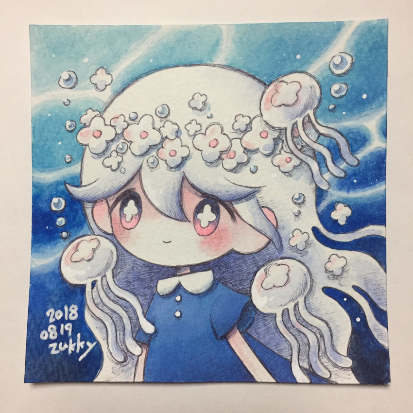 1girl blue_shirt blush bubble commentary_request dated head_wreath highres jellyfish long_hair original personification red_eyes shirt signature smile symbol-shaped_pupils traditional_media underwater white_hair zukky000