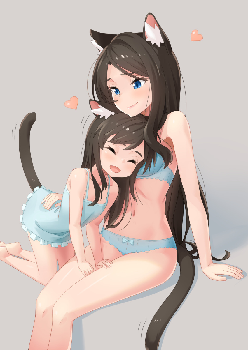 2girls :d ^_^ all_fours animal_ear_fluff animal_ears bare_legs barefoot black_hair blue_bra blue_camisole blue_eyes blue_panties bow bow_panties bra breasts camisole cat_ears cat_girl cat_tail child closed_eyes commentary cuddling eyebrows_visible_through_hair fang grey_background hand_on_another's_back hands_on_another's_thighs happy heart highres long_hair mother_and_daughter multiple_girls navel nekoze_(s22834712) open_mouth original panties simple_background sitting smile tail thighs underwear underwear_only