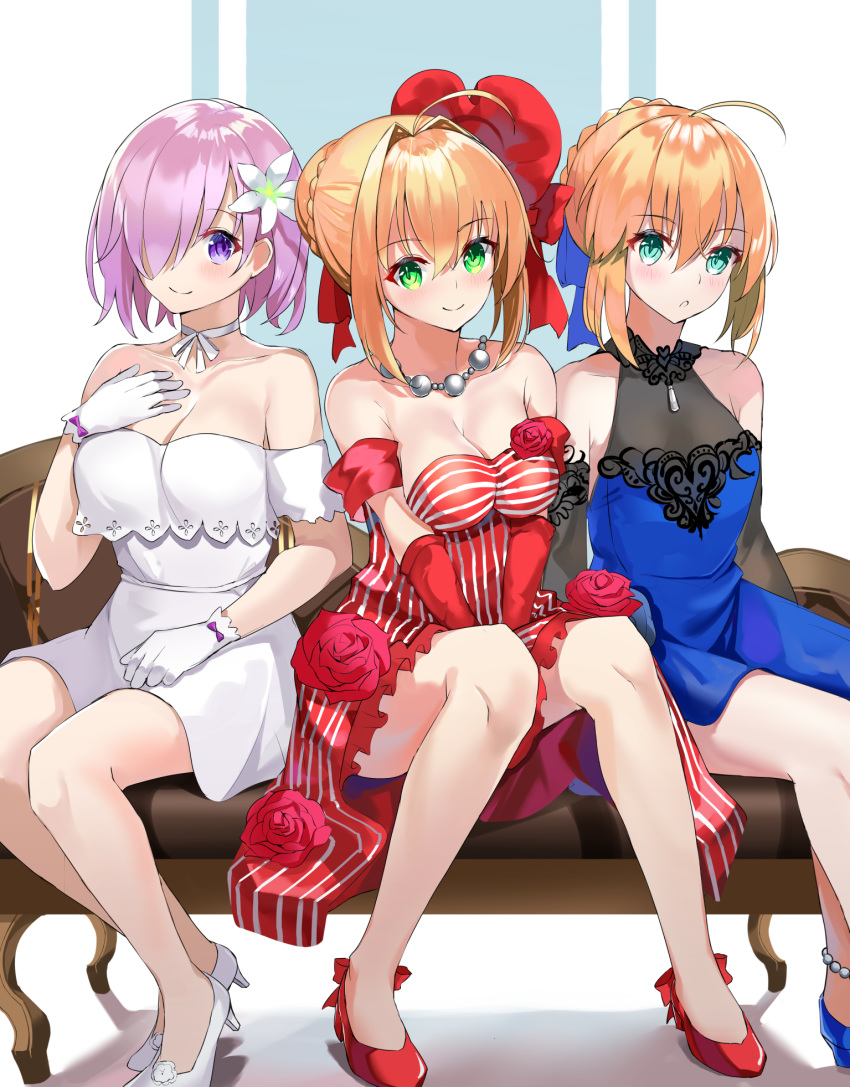 3girls ahoge aqua_eyes artoria_pendragon_(all) bangs bare_shoulders blonde_hair blue_dress blush braid breasts couch dress fate/extra fate/grand_order fate/stay_night fate_(series) french_braid green_eyes hair_between_eyes hair_over_one_eye high_heels highres large_breasts lavender_hair long_hair looking_at_viewer mash_kyrielight multiple_girls nero_claudius_(fate) nero_claudius_(fate)_(all) red_dress saber short_hair sitting small_breasts smile tsukise_miwa violet_eyes white_dress