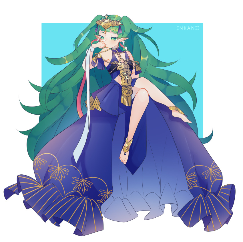 1girl absurdres artist_name barefoot braid closed_mouth crossed_legs dress fire_emblem fire_emblem:_three_houses green_eyes green_hair highres inkanii long_hair pointy_ears ribbon_braid simple_background solo sothis_(fire_emblem) tiara twin_braids