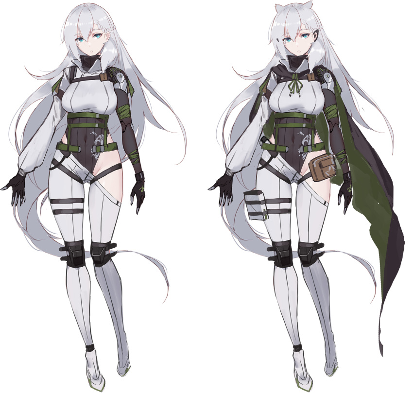 1girl arms_at_sides ass_visible_through_thighs belt black_gloves black_leotard blue_eyes braid breasts cape closed_mouth commentary_request covered_navel french_braid full_body girls_frontline gloves green_neckwear green_ribbon grey_hair grey_pants hair_between_eyes head_tilt highleg highleg_leotard highres knee_pads ksvk_(girls_frontline) large_breasts leotard long_hair looking_at_viewer multiple_views neck_ribbon pandea_work pants pouch ribbed_leotard ribbon simple_background standing very_long_hair white_background