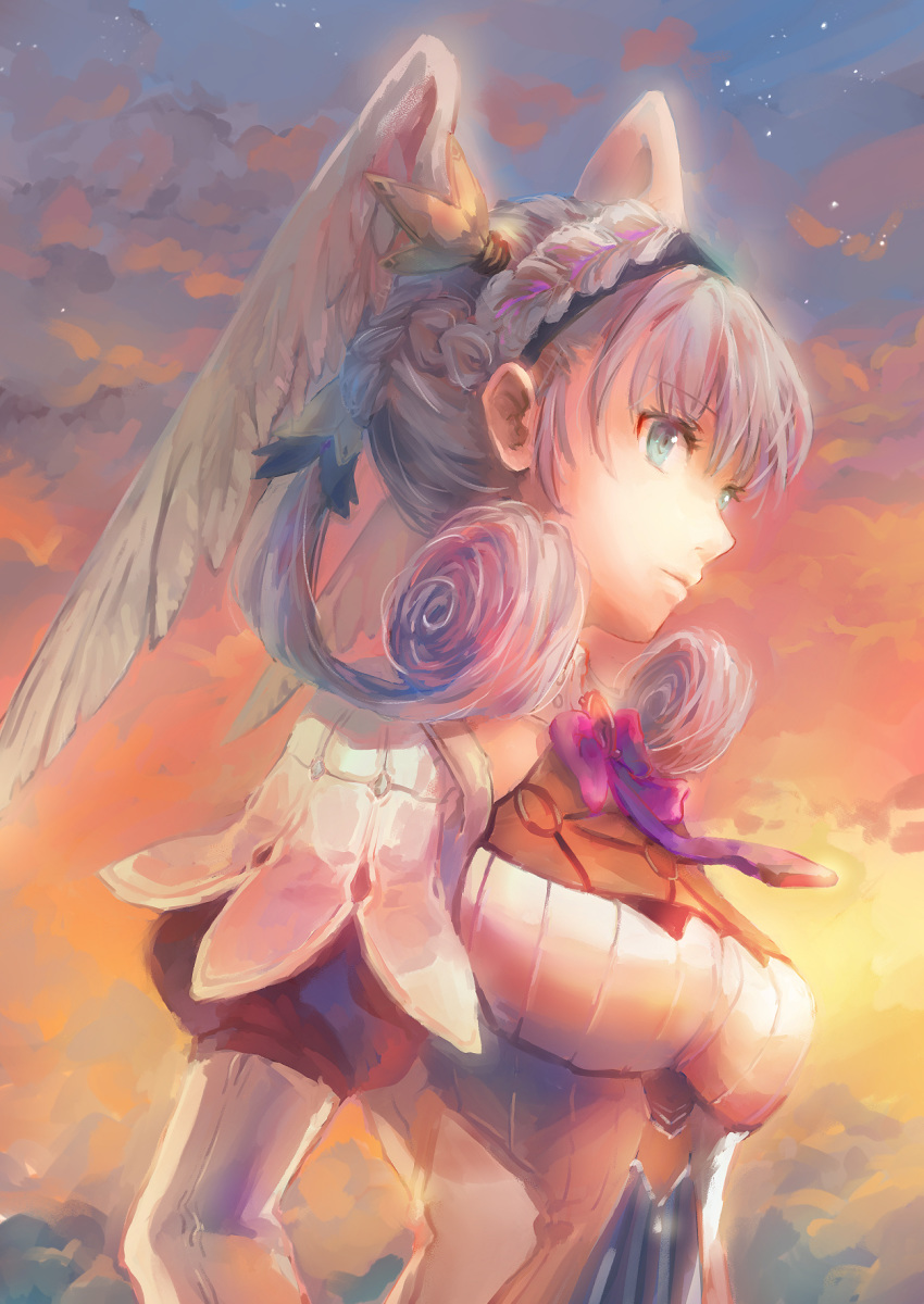 1girl braid closed_mouth crown_braid curly_hair feathered_wings fuwamoko_momen_toufu green_eyes head_wings highres long_hair melia neck_ribbon o-ring puffy_short_sleeves puffy_sleeves purple_neckwear purple_ribbon ribbon short_sleeves silver_hair solo twintails upper_body white_wings wings xenoblade_(series) xenoblade_1