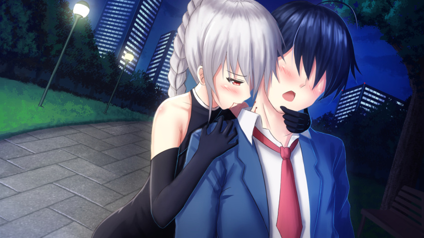 1boy 1girl ahoge bangs bare_shoulders black_dress black_gloves blood blood_from_mouth blue_hair blue_jacket blush braid building closed_mouth collared_shirt commentary commission dress elbow_gloves english_commentary eyebrows_visible_through_hair faceless faceless_male gloves hair_between_eyes jacket lamppost necktie night open_clothes open_jacket open_mouth original outdoors prophosphere red_eyes red_neckwear shirt silver_hair skyscraper sleeveless sleeveless_dress tree vampire white_shirt