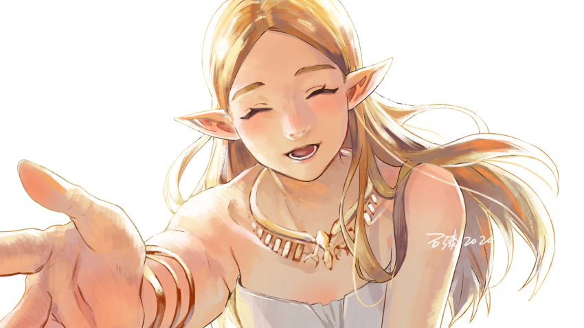 1girl bangs bare_shoulders blonde_hair bracelet closed_eyes dated dress foreshortening jewelry long_hair looking_at_viewer necklace open_mouth outstretched_hand parted_bangs pointy_ears pov princess_zelda shiqi1695 signature simple_background smile solo strapless strapless_dress the_legend_of_zelda the_legend_of_zelda:_breath_of_the_wild upper_body white_background white_dress