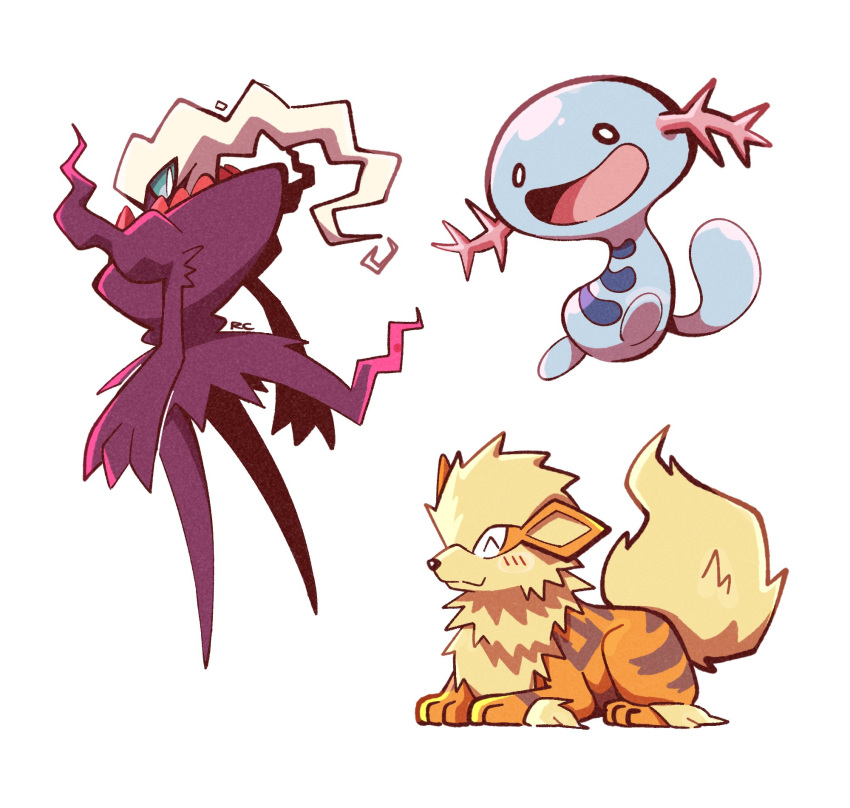 :d ^_^ arcanine artsy-rc closed_eyes closed_mouth commentary darkrai english_commentary gen_1_pokemon gen_2_pokemon gen_4_pokemon highres legendary_pokemon no_humans open_mouth pokemon pokemon_(creature) signature simple_background smile white_background wooper