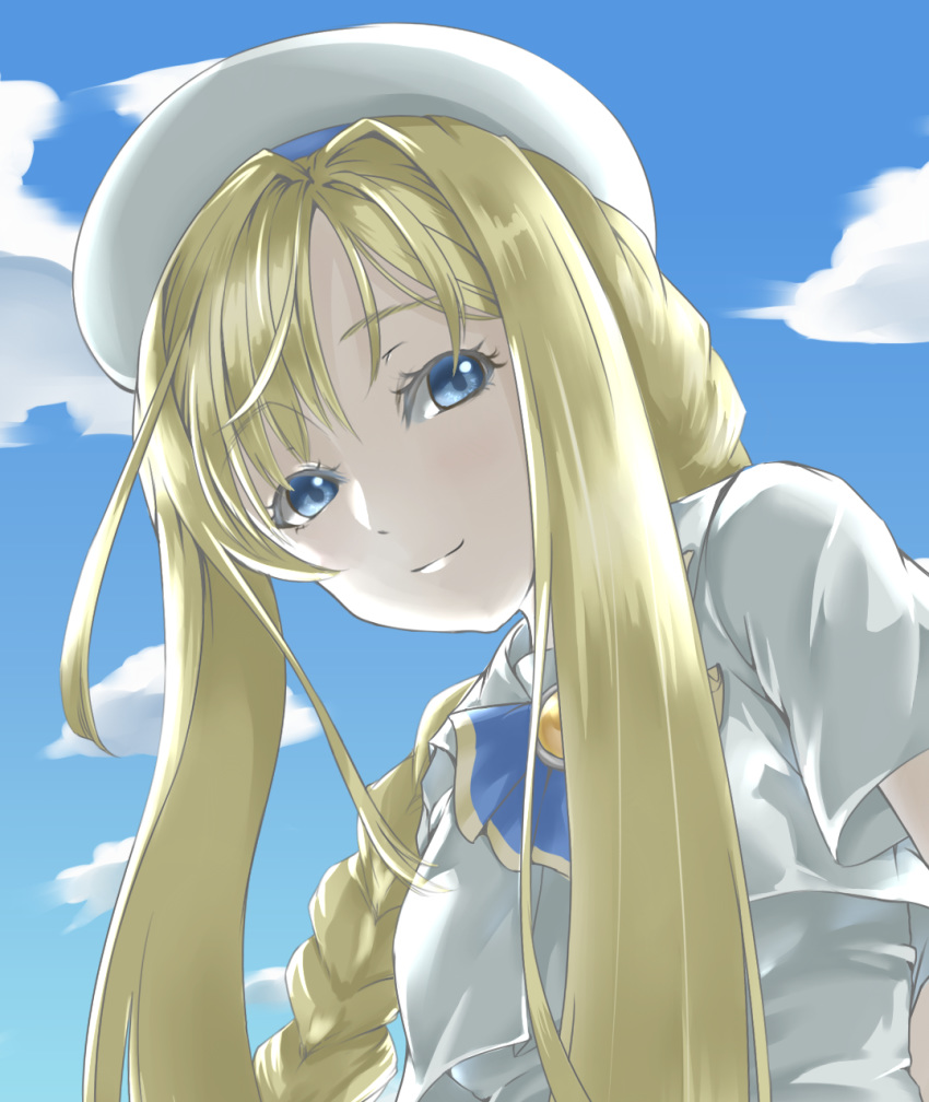 1girl alicia_florence aria bangs blonde_hair blue_eyes blue_sky braided_ponytail closed_mouth clouds hair_between_eyes highres kamehito long_hair looking_at_viewer shiny shiny_hair sky smile solo upper_body very_long_hair