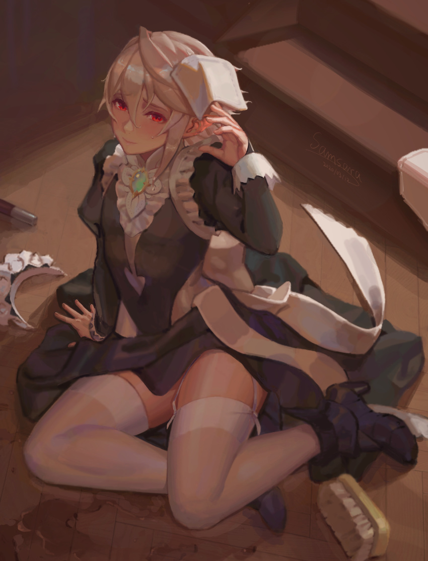 1boy absurdres alternate_costume androgynous artist_name black_dress blonde_hair corrin_(fire_emblem) corrin_(fire_emblem)_(male) crossdressinging dated dress enmaided fire_emblem fire_emblem_fates fire_emblem_heroes frills garter_straps highres light_smile looking_at_viewer maid maid_dress maid_headdress red_eyes samsara_(shuukeura) short_hair solo thigh-highs white_legwear