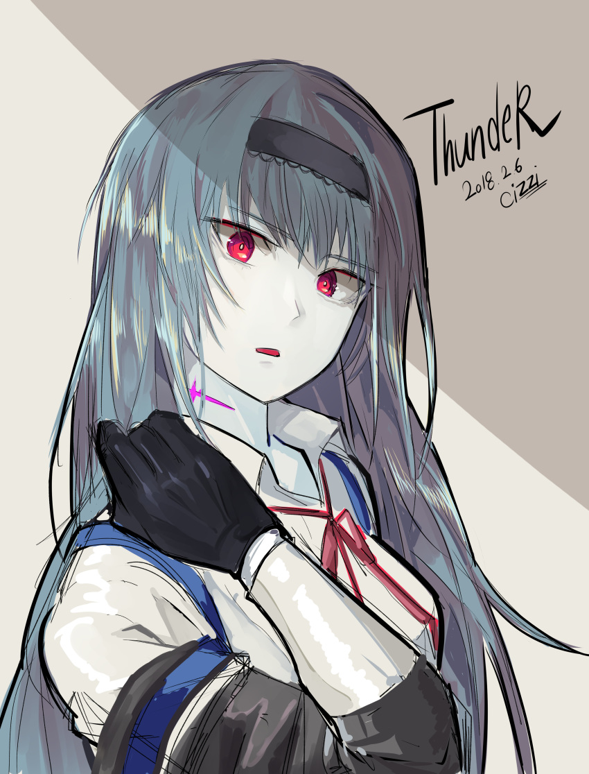 1girl absurdres black_gloves blue_hair cizzi girls_frontline gloves grey_background hairband highres long_hair looking_at_viewer necktie open_mouth red_eyes scar shirt solo speech_bubble strapless thunder_(girls_frontline) white_shirt