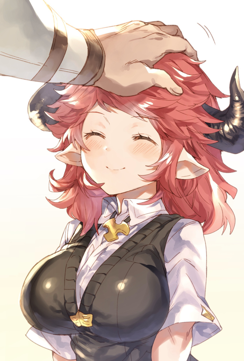 1boy 1girl bangs blush breasts closed_eyes closed_mouth commentary_request draph eno_yukimi eyebrows_visible_through_hair granblue_fantasy highres horns large_breasts out_of_frame petting pointy_ears pov pov_hands redhead shiny shiny_clothes shiny_hair short_hair short_sleeves simple_background smile sturm_(granblue_fantasy) upper_body white_background younger