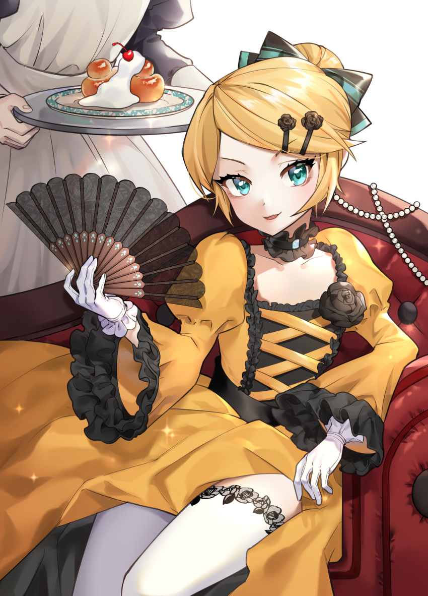 2girls absurdres aku_no_musume_(vocaloid) alternate_costume apron aqua_eyes black_flower black_rose blonde_hair brioche cherry choker collarbone dessert dress dress_flower dress_lift evillious_nendaiki eyebrows_visible_through_hair fan flat_chest flower food frill_trim frilled_gloves frilled_sleeves frills fruit gloves hair_bun hair_ornament hairclip highres holding holding_fan holding_plate juliet_sleeves kagamine_rin knees_together legs legs_together lifted_by_self long_sleeves maid maid_apron multiple_girls pastry plate princess puffy_sleeves qltnrl9999 riliane_lucifen_d'autriche rose sitting sitting_sideways smile solo_focus thigh-highs thighs throne vocaloid white_gloves white_legwear wide_sleeves yellow_dress