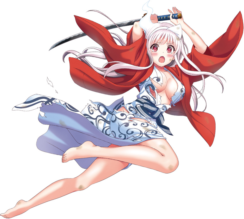 1girl :o arms_up barefoot bath_yukata blush breasts dirty dirty_clothes floating_hair full_body ghost hanten_(clothes) holding holding_sword holding_weapon japanese_clothes katana kimono large_breasts long_hair long_sleeves looking_at_viewer official_art open_clothes open_mouth open_robe red_eyes robe solo sword torn_clothes torn_kimono transparent_background triangular_headpiece two-handed weapon white_hair wide_sleeves yukata yunohana_yuuna yuragisou_no_yuuna-san