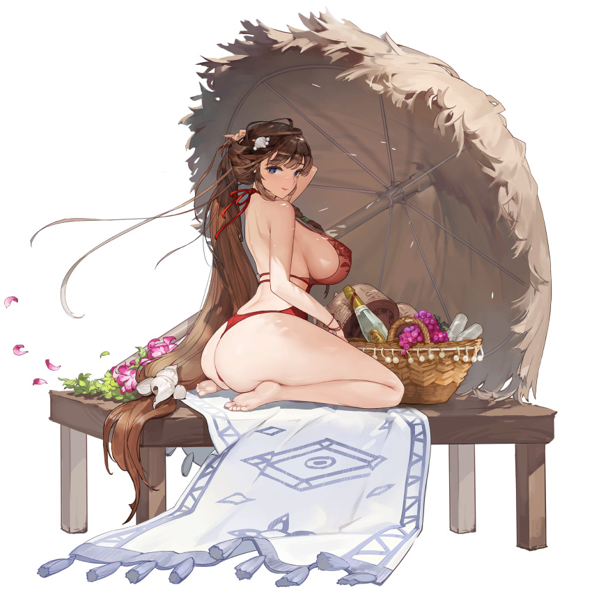 1girl ass bare_legs barefoot basket black_background blue_eyes bottle breasts brown_hair butt_crack carpet daphne_(last_origin) food from_side fruit full_body hair_ornament highres large_breasts last_origin long_hair looking_at_viewer looking_back official_art on_table red_swimsuit rorobomb seashell shell shiny shiny_skin sideboob sitting smile solo swimsuit table tachi-e transparent_background umbrella wine_bottle