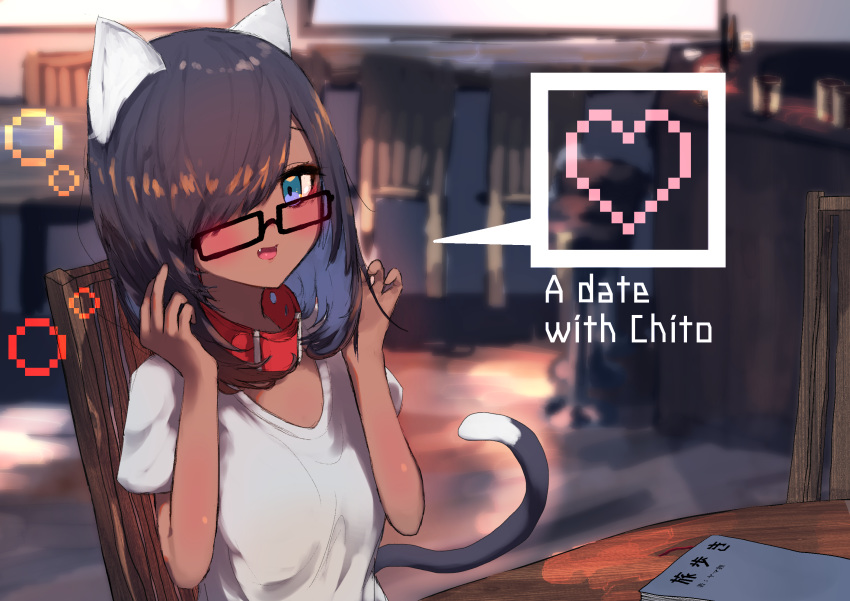 1girl animal_ears black_hair blue_eyes blush book breasts cafe cat_ears cat_girl cat_tail chair chito_(natsume-same) collar commentary_request cup dark_skin english_text eyebrows_behind_hair fang glasses hair_between_eyes hair_over_one_eye hands_up heart highres indoors long_hair looking_at_viewer medium_breasts medium_hair natsume-same open_mouth original red_collar shirt short_sleeves sidelocks sitting smile solo table tail