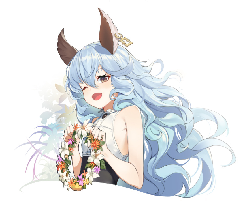 1girl animal_ears backless_dress backless_outfit bangs blue_hair breasts commentary_request cropped_torso dress earrings erune eyebrows_visible_through_hair ferry_(granblue_fantasy) flower_wreath from_side granblue_fantasy head_wreath highres hoop_earrings jewelry long_hair looking_at_viewer ohihil rabbit_ears sideboob sideless_outfit single_earring upper_body wavy_hair white_background yellow_eyes