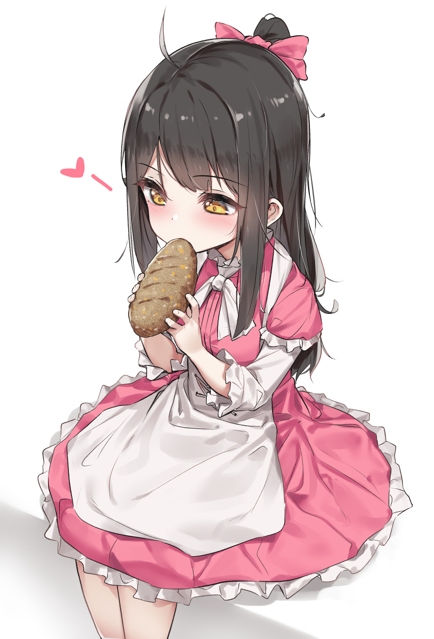 1girl absurdres ahoge apron bangs black_hair blush bow bread brown_hair child commentary_request dress eating eyebrows_visible_through_hair feet_out_of_frame food frilled_dress frills hair_bow hands_up heart highres holding holding_food long_hair long_sleeves one_side_up original pink_bow pink_dress ponytail revision short_over_long_sleeves short_sleeves sitting solo very_long_hair wet.elephant white_apron white_background yellow_eyes