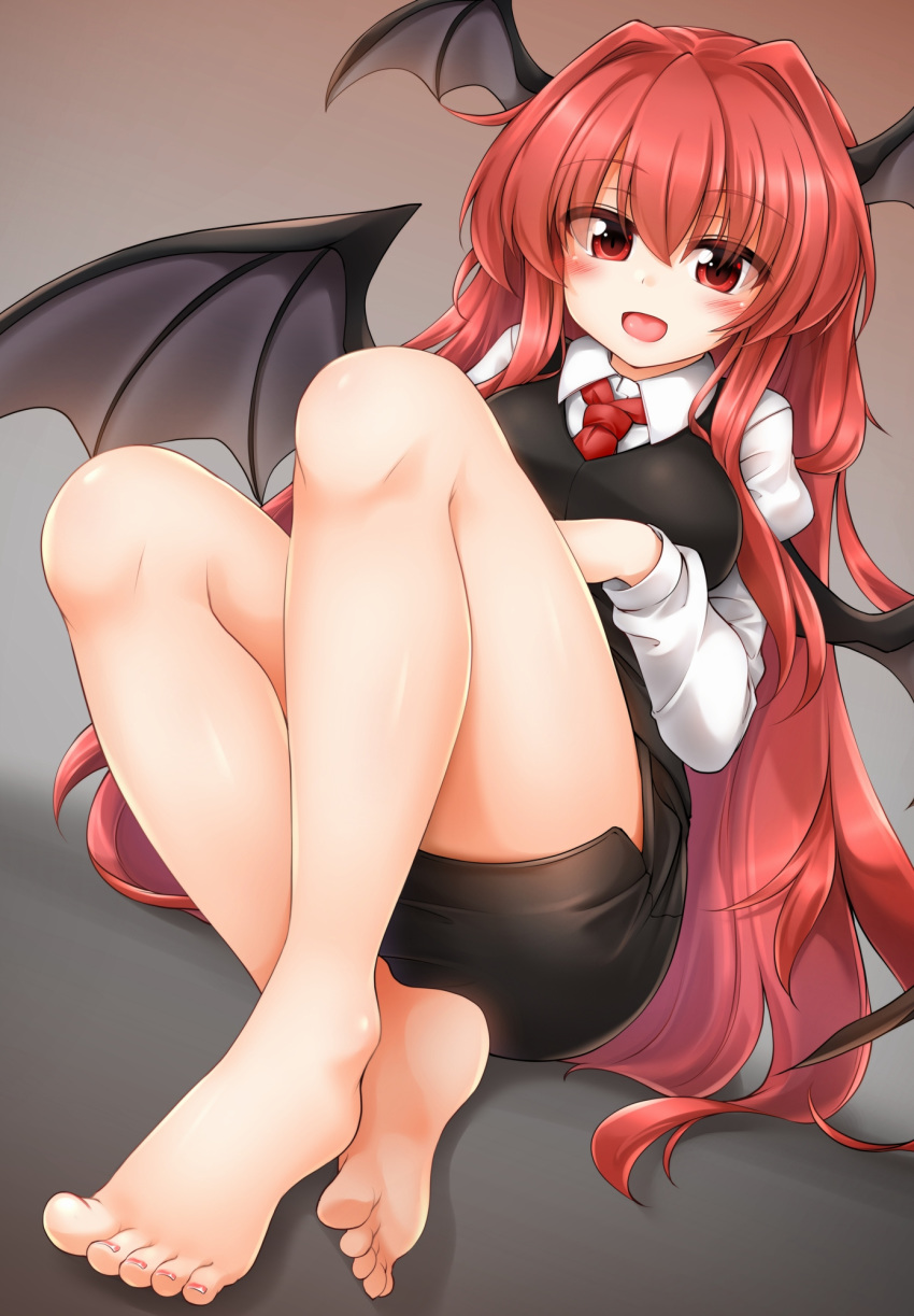 1girl :d bangs bare_legs barefoot black_skirt black_vest blush breasts brown_background commentary_request demon_wings eyebrows_visible_through_hair feet gradient gradient_background grey_background hair_between_eyes hair_intakes head_wings highres juliet_sleeves knees_up koakuma large_breasts long_hair long_sleeves looking_at_viewer m9kndi miniskirt open_mouth pencil_skirt puffy_sleeves red_eyes redhead shadow shirt sitting skirt smile solo thighs toenail_polish toenails toes touhou very_long_hair vest white_shirt wings