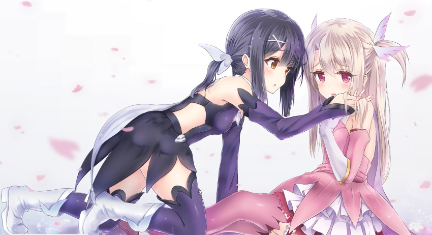2girls :o alc_(ex2_lv) bangs bare_shoulders black_hair blush boots breasts brown_eyes commentary_request detached_sleeves dress eyebrows_visible_through_hair fate/kaleid_liner_prisma_illya fate_(series) from_side gloves hair_ornament hairclip highres illyasviel_von_einzbern kneeling long_hair long_sleeves looking_at_viewer miyu_edelfelt multiple_girls on_ground pink_dress pink_eyes pink_legwear prisma_illya purple_legwear red_eyes sitting small_breasts thigh-highs white_footwear white_gloves x_hair_ornament
