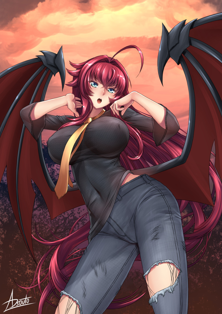 1girl adsouto ahoge bat_wings blue_eyes blush breasts demon_girl demon_wings denim high_school_dxd highres huge_ahoge jeans large_breasts large_wings long_hair necktie open_mouth pants redhead rias_gremory solo very_long_hair wings