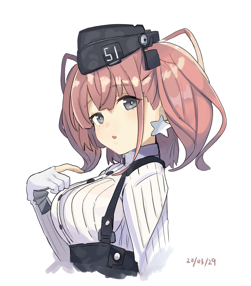 1girl atlanta_(kantai_collection) bangs black_eyes blush breasts cropped_torso dated earrings eyebrows_visible_through_hair garrison_cap gloves hat headgear high-waist_skirt highres jewelry kantai_collection large_breasts long_hair long_sleeves open_mouth partly_fingerless_gloves simple_background single_earring skirt solo star star_earrings suspender_skirt suspenders twintails umi_owl upper_body white_background
