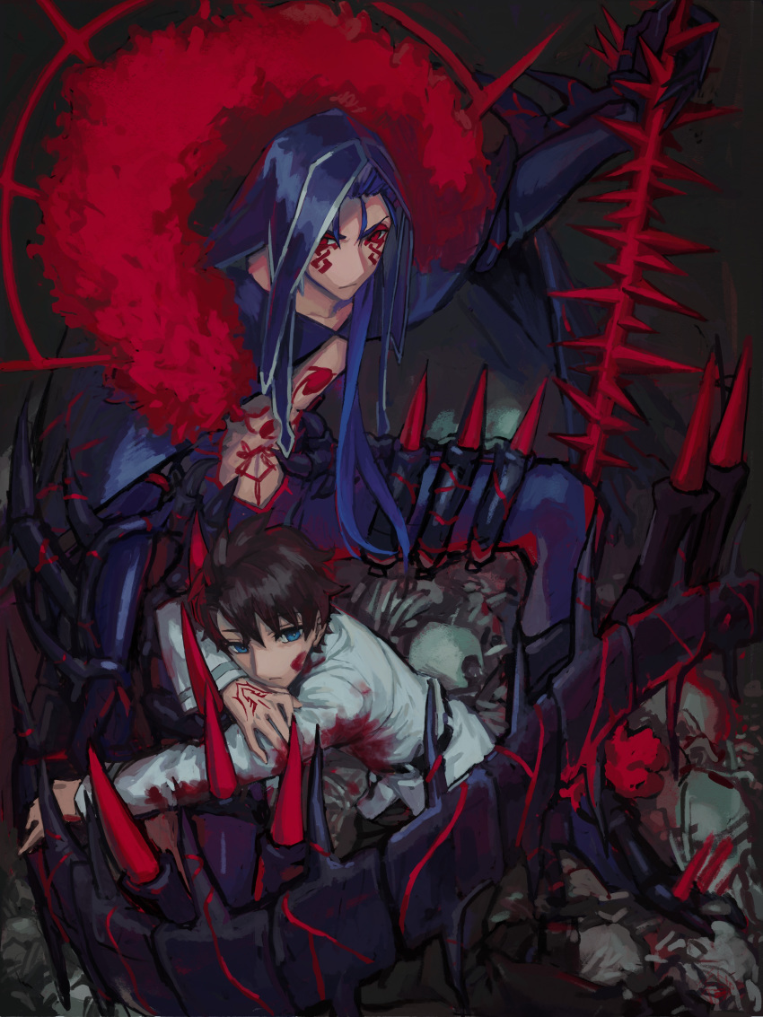 2boys absurdres bare_chest black_bodysuit black_hair blood blue_eyes blue_hair bodysuit chaldea_uniform chest_tattoo cu_chulainn_(fate)_(all) cu_chulainn_alter_(fate/grand_order) expressionless facial_mark fate/grand_order fate_(series) fujimaru_ritsuka_(male) gae_bolg hair_over_shoulder hair_strand highres hood long_hair male_focus momomogeta monster_boy multiple_boys polearm red_eyes sitting spear spiked_tail tail tattoo weapon