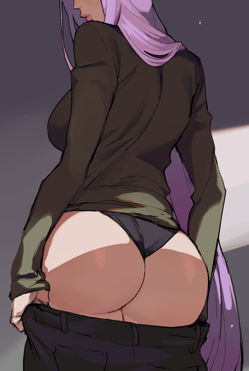 1girl ass black_panties commentary ennuigrl fate/stay_night fate_(series) green_sweater grey_background highres holding_pants long_hair long_sleeves out_of_frame panties pants pants_removed pink_lips purple_hair rider sweater underwear very_long_hair