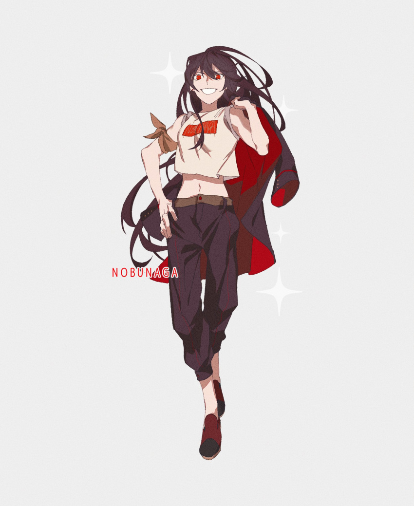 1girl :d alternate_costume belt black_hair black_legwear brown_belt casual fate/grand_order fate_(series) hair_between_eyes hand_on_hip highres holding holding_jacket jacket jacket_removed koha-ace long_hair midriff navel oda_nobunaga_(fate) oda_nobunaga_(fate)_(all) open_mouth pants red_eyes red_footwear red_jacket shirt shoes smile solo sparkle suto_(sakumaaritsu) t-shirt tagme white_shirt