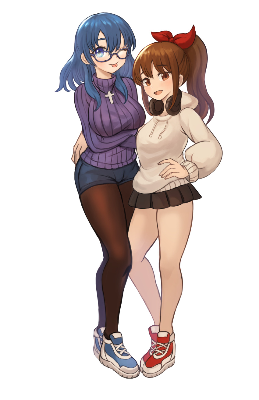 2girls absurdres black_legwear black_skirt blue-framed_eyewear blue_footwear blue_sweater blush breast_lift breasts brown_eyes brown_hair closed_mouth commission commissioner_upload cross cross_necklace crossed_arms denim denim_shorts drawstring eyebrows_visible_through_hair flat_chest full_body glasses hair_between_eyes hair_ribbon hand_on_another's_hip hand_on_hip happy headphones headphones_around_neck highres hood hood_down hoodie jewelry large_breasts long_hair long_sleeves looking_at_viewer messy_hair miniskirt multicolored_footwear multiple_girls necklace one_eye_closed open_mouth original pantyhose pleated_skirt ponytail red_footwear red_ribbon ribbed_sweater ribbon round_eyewear shoes shorts simple_background skirt smile sneakers sookmo sweater tongue tongue_out turtleneck turtleneck_sweater wavy_hair white_background white_footwear white_hoodie