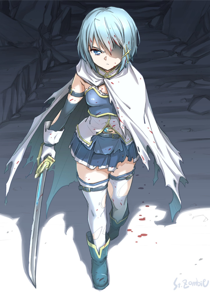 1girl artist_name belt blood blue_eyes blue_hair blue_sky boots breasts cape detached_sleeves glaring gloves highres magia_record:_mahou_shoujo_madoka_magica_gaiden mahou_shoujo_madoka_magica midriff_peek miki_sayaka rubble saber_(weapon) shaded_face short_hair sky small_breasts solo soul_gem studiozombie sword thigh-highs torn_cape torn_clothes weapon white_cape white_gloves zettai_ryouiki