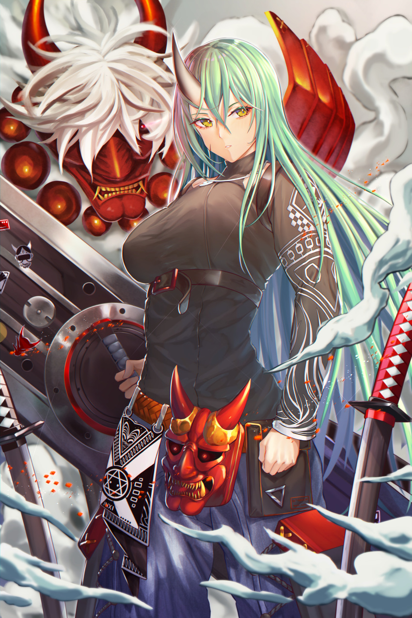 1girl absurdres arknights beads belt belt_pouch black_shirt blue_pants breasts clenched_hand cowboy_shot facial_scar green_hair hair_between_eyes hannya highres hoshiguma_(arknights) huge_filesize katana large_breasts long_hair long_sleeves looking_at_viewer looking_to_the_side oni oni_horn oni_mask pants pouch prayer_beads scar shield shirt smoke solo standing sticker straight_hair sword takechii_(user_fpya5735) turtleneck weapon yellow_eyes