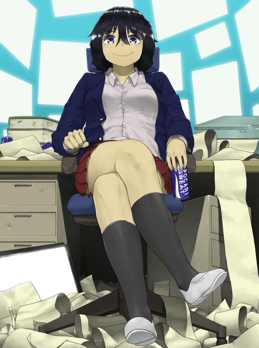 1girl absurdres anyan_(jooho) black_hair black_legwear blue_jacket book can chair closed_mouth commentary_request crossed_legs desk full_body hair_between_eyes highres holding jacket korean_commentary long_sleeves looking_at_viewer messy_room miniskirt multiple_sources office_chair open_clothes open_jacket original paper pleated_skirt pocari_sweat printer red_skirt shoes short_hair sitting skirt smile socks solo swivel_chair violet_eyes white_footwear