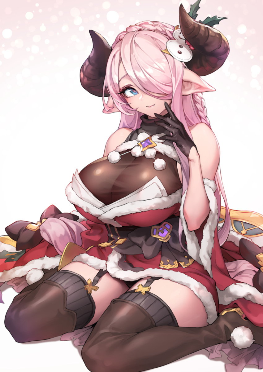 1girl absurdres bare_shoulders black_footwear black_gloves black_legwear blue_eyes boots braid breasts closed_mouth draph fang fang_out garter_straps gloves granblue_fantasy hair_over_one_eye heart heart-shaped_pupils highres horns large_breasts lavender_hair long_hair looking_at_viewer narmaya_(granblue_fantasy) oopartz_yang paid_reward patreon_reward pointy_ears sitting sleeveless smile solo symbol-shaped_pupils thigh-highs thigh_boots very_long_hair