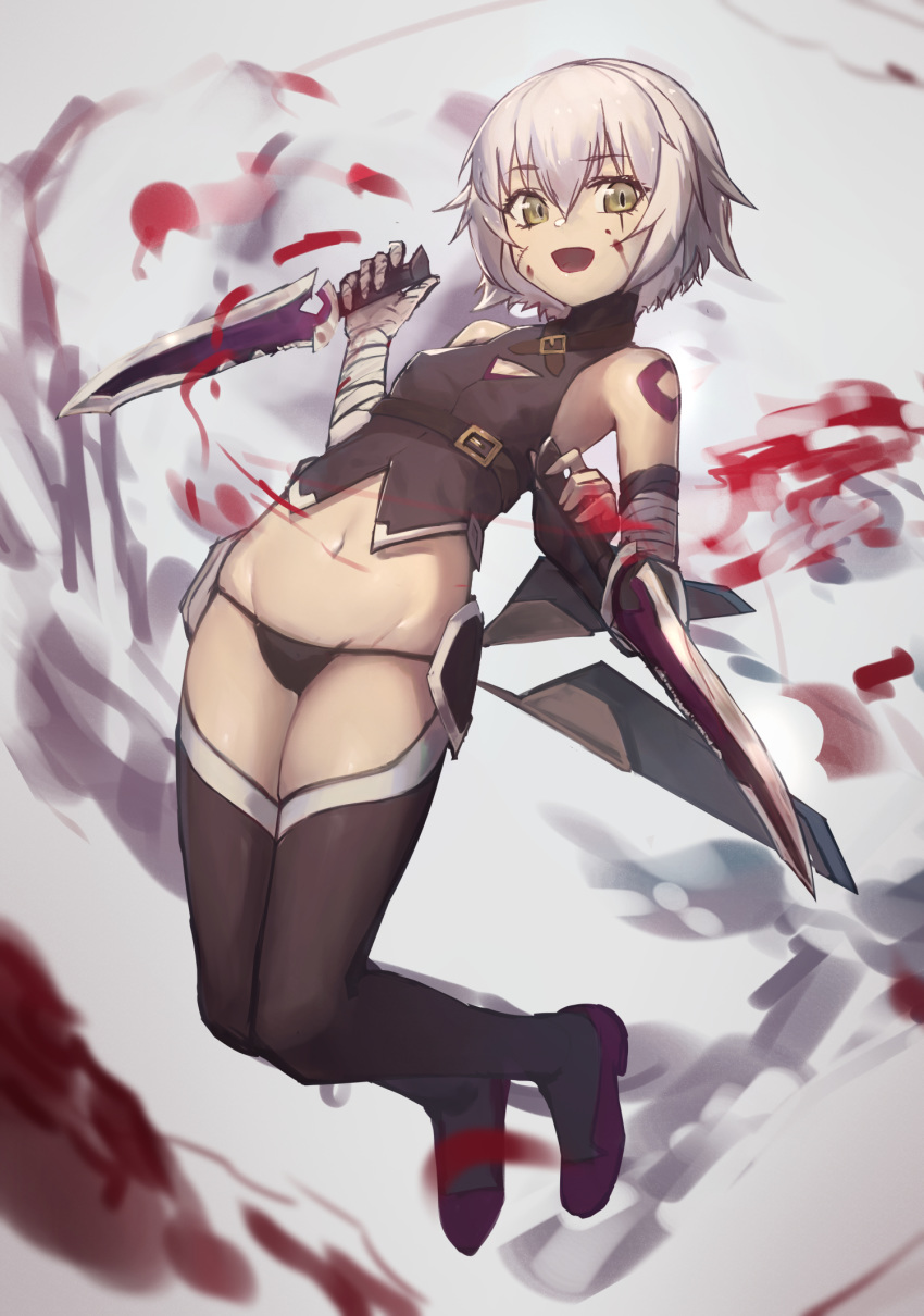 1girl aito bandaged_arm bandages bangs bare_shoulders black_legwear black_panties blood blood_on_face blush breasts commentary_request dagger dual_wielding eyebrows_visible_through_hair facial_scar fate/apocrypha fate_(series) gloves green_eyes hair_between_eyes highres holding holding_dagger holding_weapon jack_the_ripper_(fate/apocrypha) looking_at_viewer navel open_mouth panties scar scar_across_eye short_hair silver_hair solo tattoo thigh-highs underwear weapon