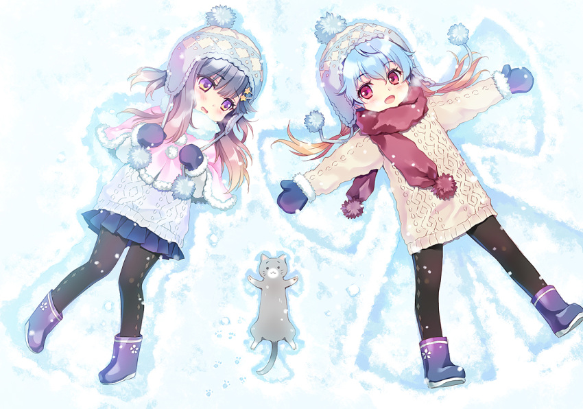 1other 2girls alternate_costume bangs blue_hair blue_skirt blush boots carnelian cat eyebrows_visible_through_hair gradient_hair hair_between_eyes hair_ornament hairclip kantai_collection long_hair looking_at_viewer lying mittens multicolored_hair multiple_girls on_back open_mouth pantyhose pleated_skirt purple_hair red_eyes redhead sado_(kantai_collection) sidelocks skirt snow star star_hair_ornament sweater tsushima_(kantai_collection) violet_eyes woollen_cap