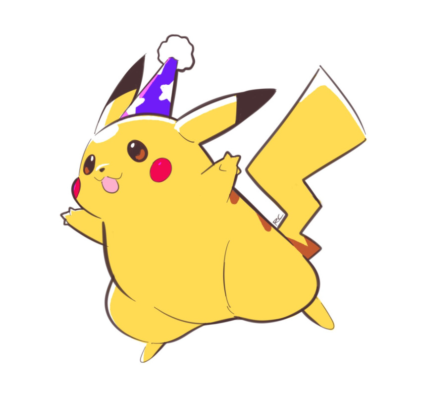 :3 :d artsy-rc clothed_pokemon commentary english_commentary full_body gen_1_pokemon hat highres no_humans open_mouth party_hat pikachu pokemon pokemon_(creature) signature simple_background smile solo white_background