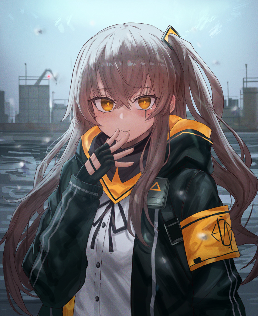 1girl armband bangs black_gloves black_jacket black_neckwear black_ribbon blush breasts brown_hair building buttons commentary crossed_bangs day eyebrows_visible_through_hair finger_to_mouth fingerless_gloves girls_frontline gloves grey_sky happy_tears highres hood hood_down hooded_jacket jacket lithium10mg long_hair neck_ribbon one_side_up open_clothes open_jacket outdoors rain ribbon river scar scar_across_eye shirt small_breasts smile snow solo tearing_up tears ump45_(girls_frontline) upper_body white_shirt yellow_eyes