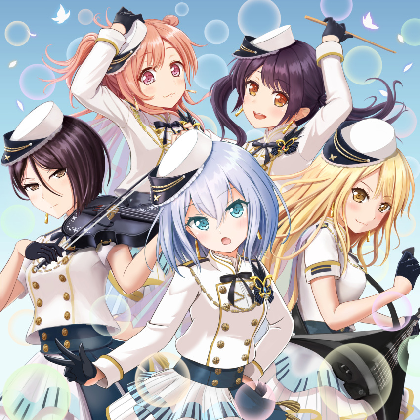 5girls bang_dream! bangs black_hair blonde_hair blue_eyes blue_serafuku breasts eyebrows_visible_through_hair futaba_tsukushi hair_between_eyes highres hiromachi_nanami instrument kirigaya_touko kurata_mashiro lic_(licloud28) long_hair long_sleeves looking_at_viewer morfonica multiple_girls open_mouth pink_eyes short_hair silver_hair violin white_uniform yashio_rui