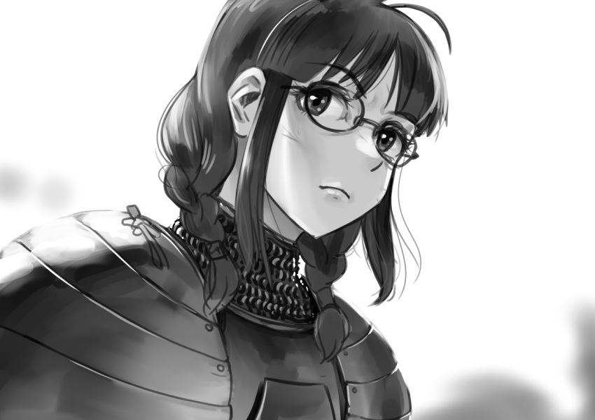 1girl ahoge akizuki_ritsuko armor braid chainmail eyebrows_visible_through_hair glasses greyscale idolmaster idolmaster_(classic) knight monochrome pirata_(gailtonatiu) plate_armor shoulder_armor solo