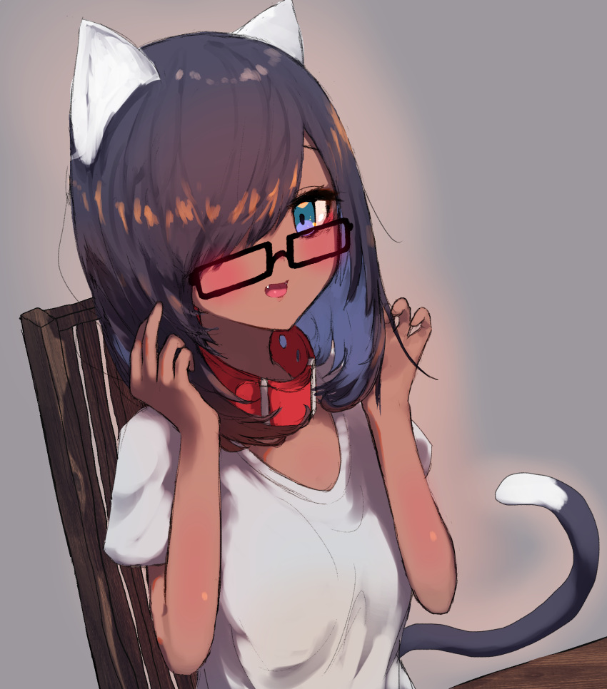 1girl animal_ears black_hair blue_eyes blush breasts cat_ears cat_girl cat_tail chair chito_(natsume-same) collar dark_skin eyebrows_behind_hair fang glasses grey_background hair_between_eyes hair_over_one_eye hands_up highres long_hair looking_at_viewer medium_breasts medium_hair natsume-same open_mouth original red_collar shirt short_sleeves sidelocks sitting smile solo table tail