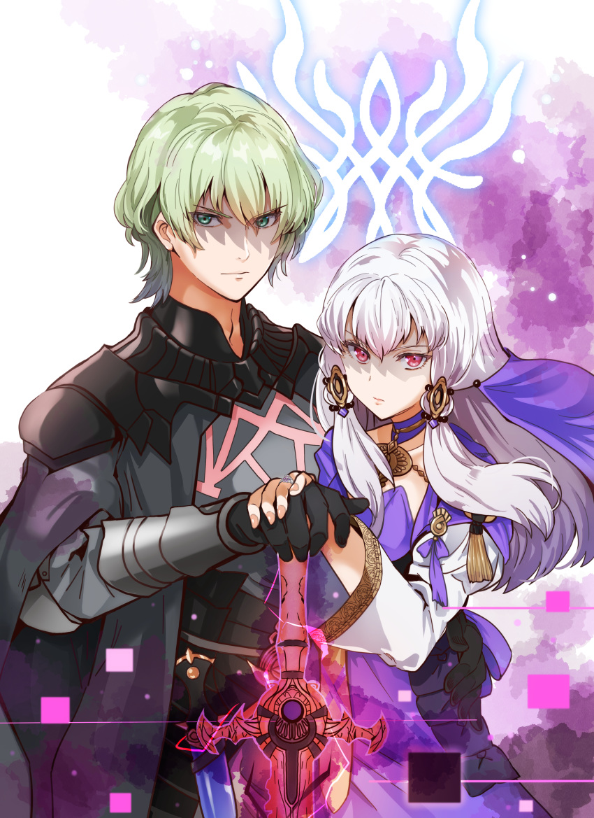 1boy 1girl absurdres byleth_(fire_emblem) byleth_eisner_(male) cloak dress emblem fire_emblem fire_emblem:_three_houses glowing glowing_weapon green_eyes green_hair hand_on_another's_hand highres huge_filesize long_hair looking_at_viewer lysithea_von_ordelia oroshipon_zu red_eyes serious shaded_face silver_hair sword sword_of_the_creator veil weapon