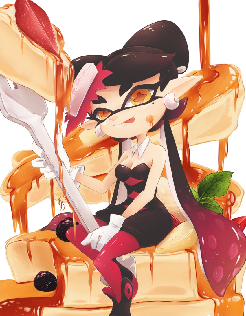 +_+ :p aori_(splatoon) artist_name bangs black_footwear black_hair black_jumpsuit blueberry breasts brown_eyes closed_mouth collar commentary detached_collar domino_mask earrings food food_on_face food_on_head fruit gloves gradient_hair highres holding holding_spoon jewelry licking_lips long_hair looking_at_viewer mask medium_breasts mole mole_under_eye multicolored_hair object_on_head okome_2g2g oversized_object pancake pantyhose pointy_ears red_legwear redhead shoes short_jumpsuit signature sitting smile splatoon_(series) splatoon_1 spoon strapless strawberry swept_bangs symbol_commentary syrup tentacle_hair tied_hair tongue tongue_out very_long_hair white_background white_collar white_gloves wing_collar