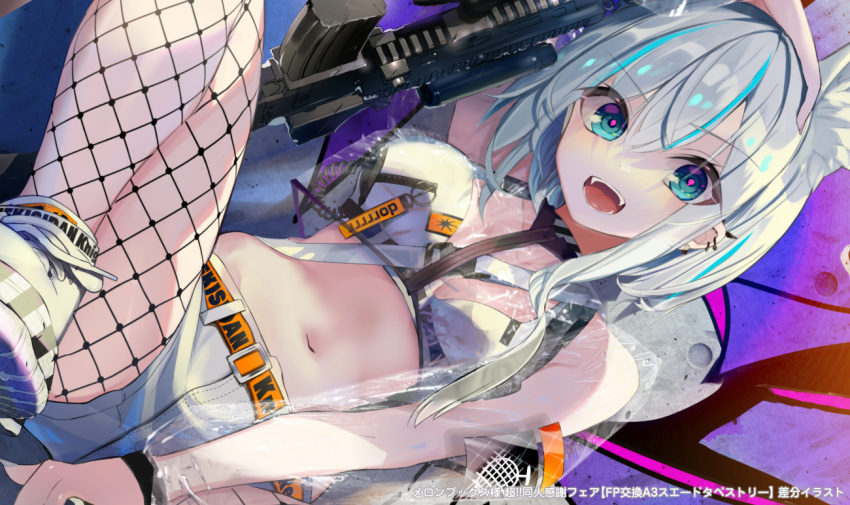 1girl :d animal_ear_fluff animal_ears aqua_eyes arm_up assault_rifle belt between_breasts breasts cable choker collarbone commentary_request crop_top crop_top_overhang ear_piercing extra_ears fangs fishnet_legwear fishnets fox_ears gun h&amp;k_hk416 long_hair long_sleeves looking_at_viewer magazine_(weapon) medium_breasts midriff multicolored_hair navel nekoboshi_sakko no_socks open_mouth original piercing reclining rifle scope see-through_sleeves shoes short_shorts shorts silver_hair sleeveless smile sneakers solo spray_can stomach strap streaked_hair thighs v-shaped_eyebrows watermark weapon white_shorts