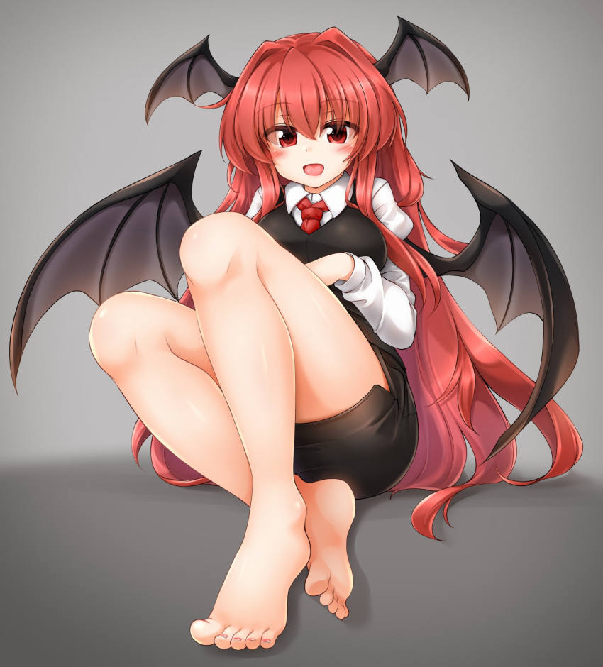 1girl :d bangs bare_legs barefoot black_skirt black_vest blush breasts commentary_request demon_wings eyebrows_visible_through_hair feet grey_background hair_between_eyes hair_intakes head_wings highres juliet_sleeves knees_up koakuma large_breasts long_hair long_sleeves looking_at_viewer m9kndi miniskirt open_mouth pencil_skirt puffy_sleeves red_eyes redhead shadow shirt sitting skirt smile solo thighs toenail_polish toenails toes touhou very_long_hair vest white_shirt wings