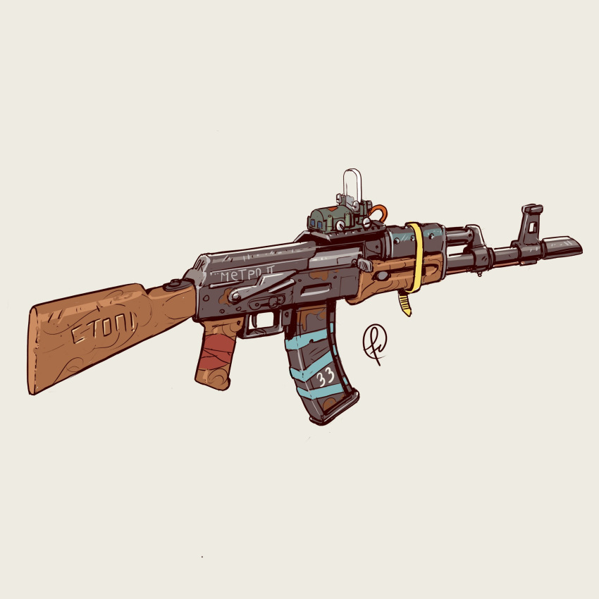ak-47 assault_rifle copyright_name duct_tape fernando_correa from_side grey_background gun highres metro_2033 no_humans original rifle russian_text scope signature simple_background translated weapon