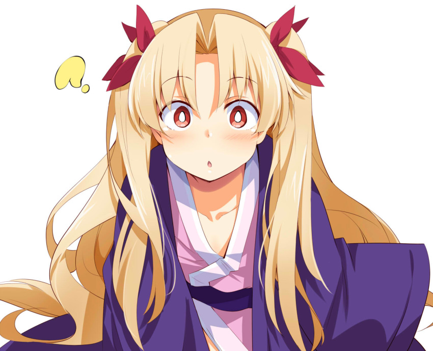 1girl :o ? alternate_costume bangs blonde_hair blush chata_maru_(irori_sabou) chestnut_mouth collarbone commentary_request ereshkigal_(fate/grand_order) eyebrows_visible_through_hair fate/grand_order fate_(series) hair_ribbon highres japanese_clothes jewelry kimono long_hair long_sleeves looking_at_viewer parted_bangs pink_kimono purple_kimono red_eyes red_ribbon ribbon simple_background solo two_side_up very_long_hair white_background wide_sleeves