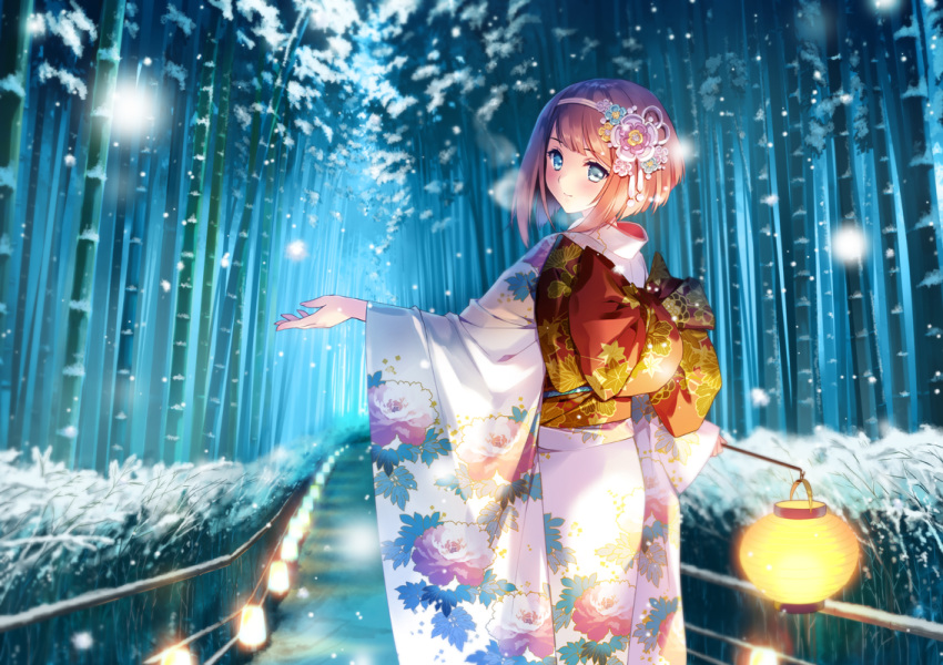 1girl alternate_costume ark_royal_(kantai_collection) bamboo bamboo_forest blue_eyes blush bob_cut carnelian eyebrows_visible_through_hair floral_print flower forest hair_flower hair_ornament hairband holding_lantern japanese_clothes kantai_collection kimono lantern long_sleeves looking_at_viewer looking_back nature obi outstretched_arms redhead sash short_hair smile snow solo wide_sleeves