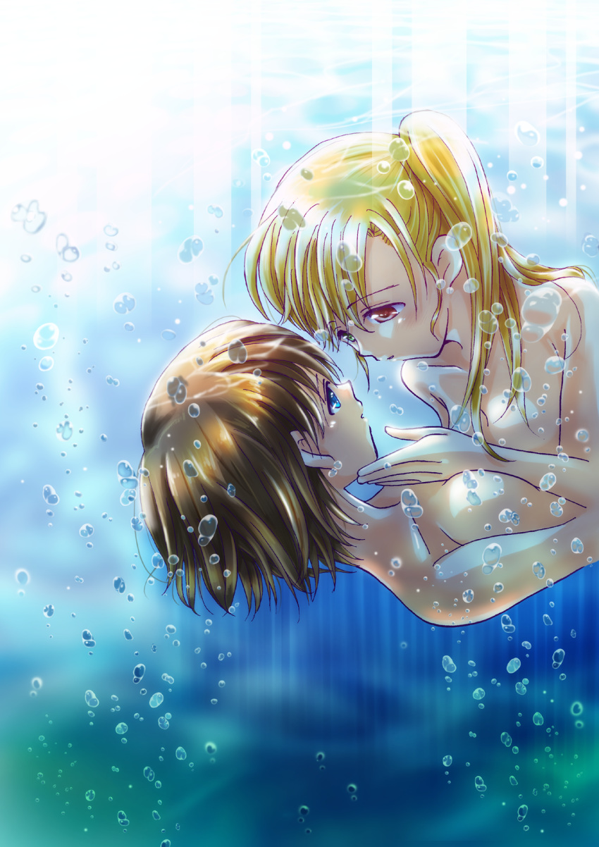 2girls age_difference blonde_hair blue_eyes blush breasts brown_hair couple eye_contact hand_on_another's_chin heterochromia highres long_hair looking_at_another lyrical_nanoha mahou_shoujo_lyrical_nanoha_vivid multiple_girls nude san-pon side_ponytail smile underwater vivio water yagami_hayate yuri