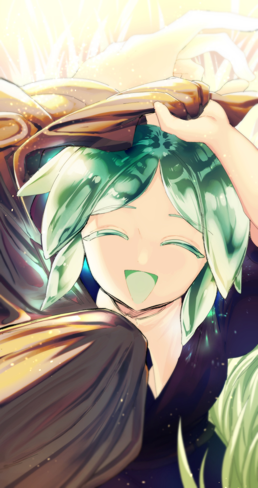 1boy 1other :d ^_^ absurdres androgynous closed_eyes colored_eyelashes commentary crystal_hair gem_uniform_(houseki_no_kuni) green_hair highres houseki_no_kuni kongou_sensei light_particles open_mouth phosphophyllite pov pov_hands shiny shiny_hair short_hair smile solo_focus tete_(kyouko)